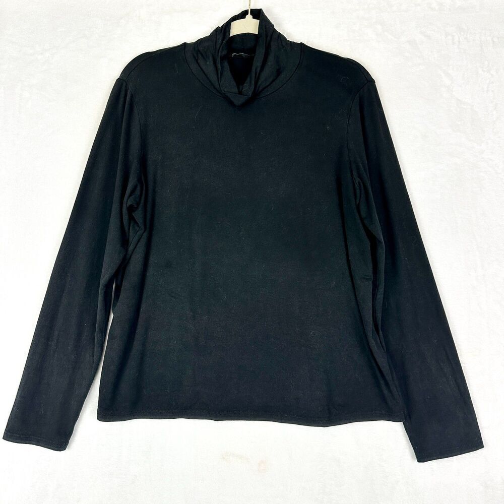 Eileen Fisher Fine Tencel Jersey Scrunch Neck Top Size Large Black Minimalist